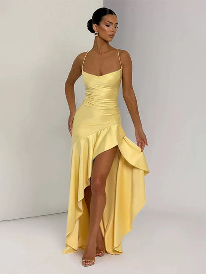 Sexy Satin Long Dress Luxury Ruffles Backless Bandage Evening Dresses Red Burgundy Blue Wedding Guest Cocktail Party Summer New