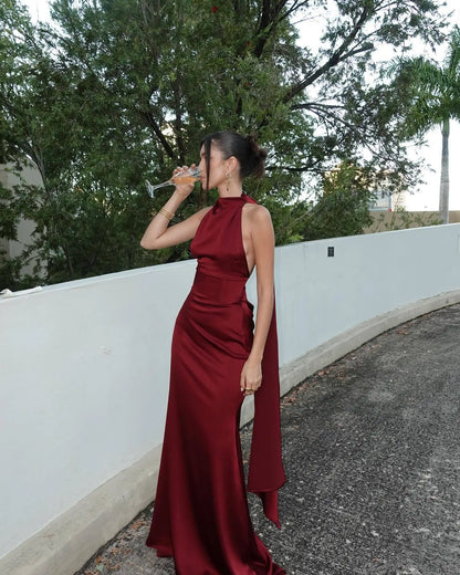 Elegant Burgundy Satin Long Dress Sexy Women's Corset High Waist Maxi Mermaid Dresses Evening Party 2025 Cocktail Wedding Guest