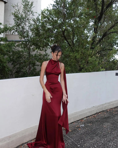 Elegant Burgundy Satin Long Dress Sexy Women's Corset High Waist Maxi Mermaid Dresses Evening Party 2025 Cocktail Wedding Guest