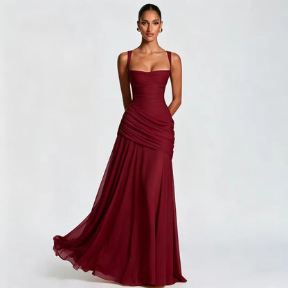 Chaxiaoa Backless Sexy Maxi Dresses Women Elegant Wide Strap Sleeveless Bodycon Ruched Party Evening Long Burgundy Dress Female