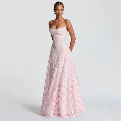Jacquard Chiffon Long Dress Women's Backless Bandage Dresses Summer Evening Wedding Guest Green White Burgundy Pink Graduation