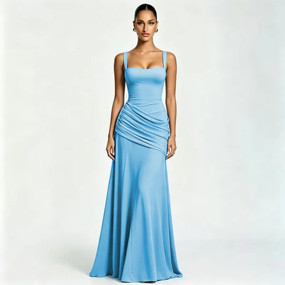 Chaxiaoa Backless Sexy Maxi Dresses Women Elegant Wide Strap Sleeveless Bodycon Ruched Party Evening Long Burgundy Dress Female