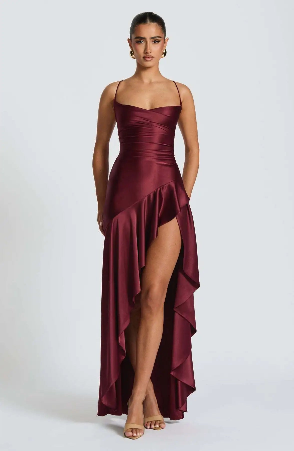 Sexy Satin Long Dress Luxury Ruffles Backless Bandage Evening Dresses Red Burgundy Blue Wedding Guest Cocktail Party Summer New
