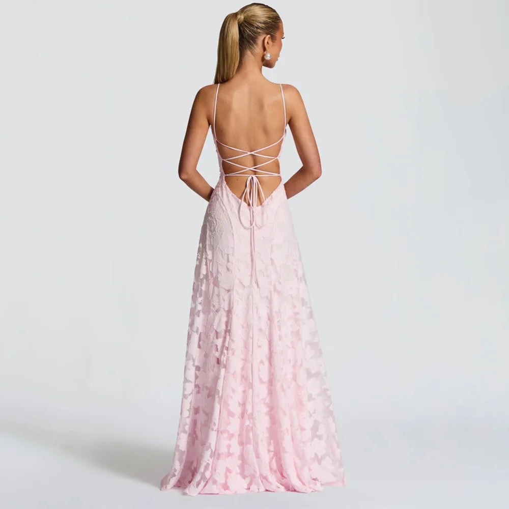 Jacquard Chiffon Long Dress Women's Backless Bandage Dresses Summer Evening Wedding Guest Green White Burgundy Pink Graduation