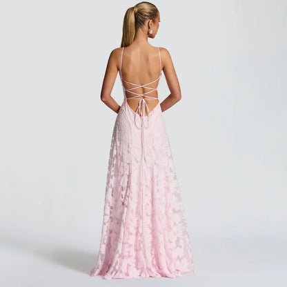 Jacquard Chiffon Long Dress Women's Backless Bandage Dresses Summer Evening Wedding Guest Green White Burgundy Pink Graduation