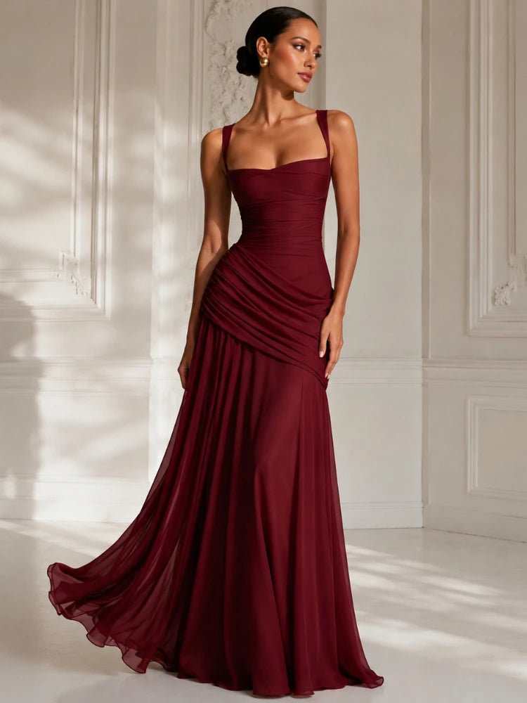 Chaxiaoa Backless Sexy Maxi Dresses Women Elegant Wide Strap Sleeveless Bodycon Ruched Party Evening Long Burgundy Dress Female