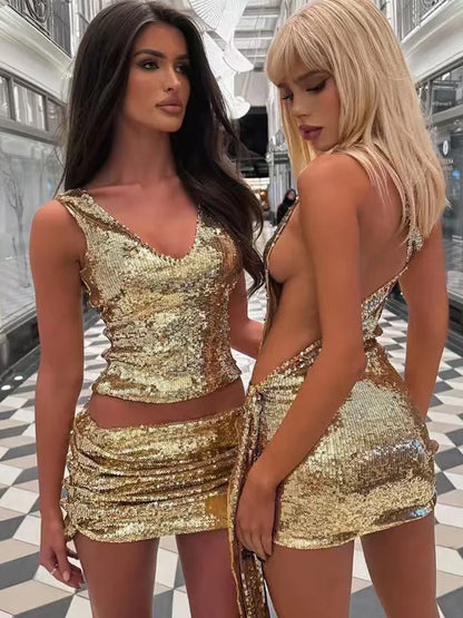 Burgundy Sequin One Shoulder Backless Mini Dress Sexy Women's Metal Buckle Ruched Dresses Summer Evening Cocktail Black Gold Red