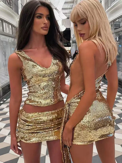 Burgundy Sequin One Shoulder Backless Mini Dress Sexy Women's Metal Buckle Ruched Dresses Summer Evening Cocktail Black Gold Red