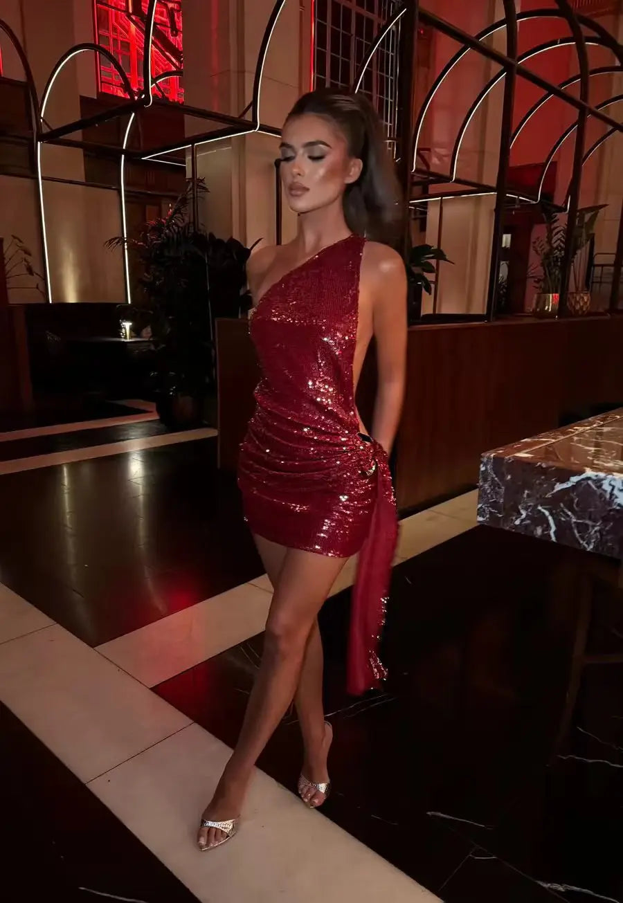 Burgundy Sequin One Shoulder Backless Mini Dress Sexy Women's Metal Buckle Ruched Dresses Summer Evening Cocktail Black Gold Red