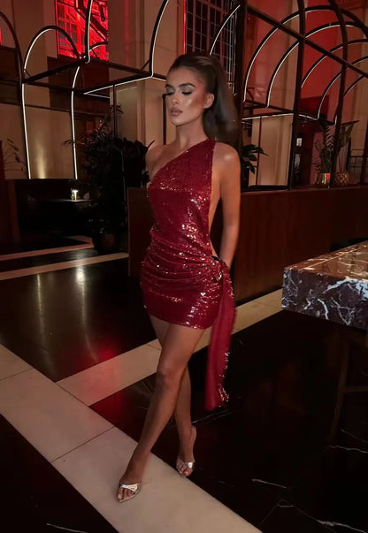 Burgundy Sequin One Shoulder Backless Mini Dress Sexy Women's Metal Buckle Ruched Dresses Summer Evening Cocktail Black Gold Red