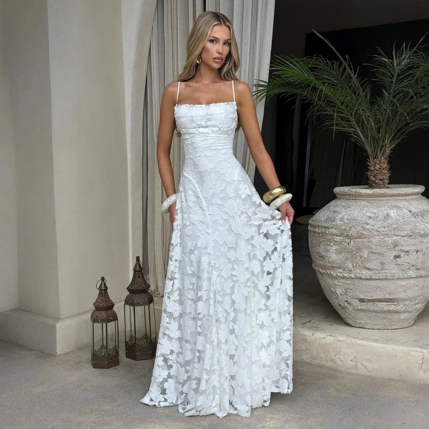 Jacquard Chiffon Long Dress Women's Backless Bandage Dresses Summer Evening Wedding Guest Green White Burgundy Pink Graduation
