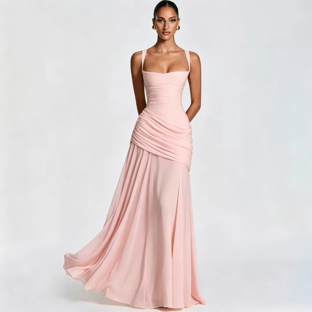 Chaxiaoa Backless Sexy Maxi Dresses Women Elegant Wide Strap Sleeveless Bodycon Ruched Party Evening Long Burgundy Dress Female