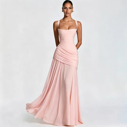 Chaxiaoa Backless Sexy Maxi Dresses Women Elegant Wide Strap Sleeveless Bodycon Ruched Party Evening Long Burgundy Dress Female