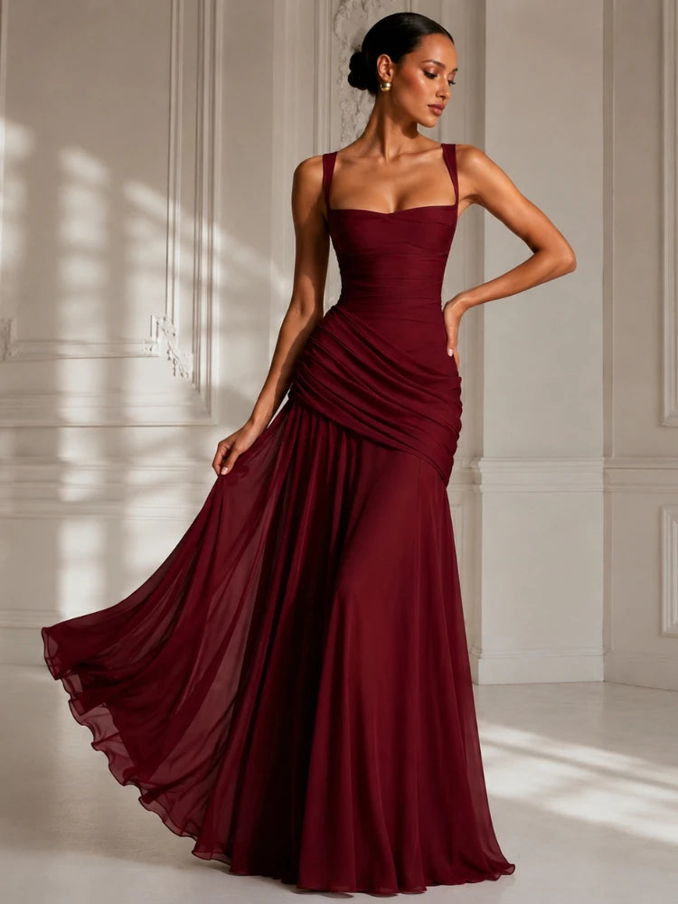 Chaxiaoa Backless Sexy Maxi Dresses Women Elegant Wide Strap Sleeveless Bodycon Ruched Party Evening Long Burgundy Dress Female