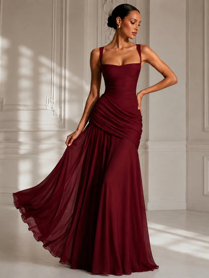 Chaxiaoa Backless Sexy Maxi Dresses Women Elegant Wide Strap Sleeveless Bodycon Ruched Party Evening Long Burgundy Dress Female