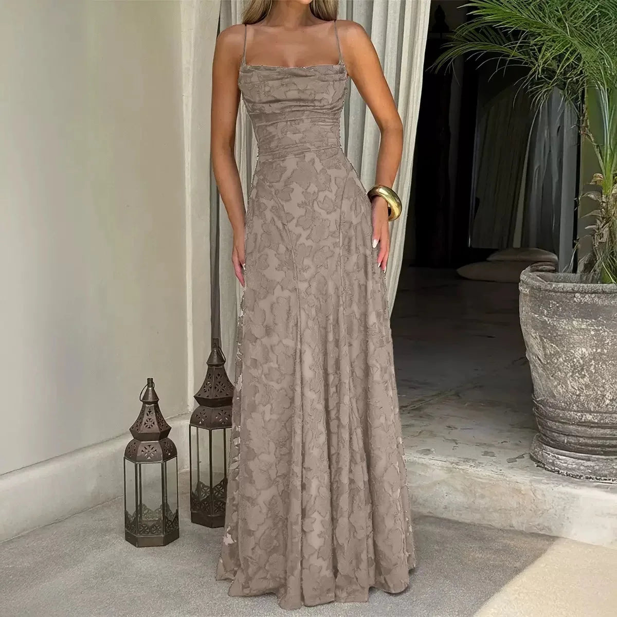 Jacquard Chiffon Long Dress Women's Backless Bandage Dresses Summer Evening Wedding Guest Green White Burgundy Pink Graduation