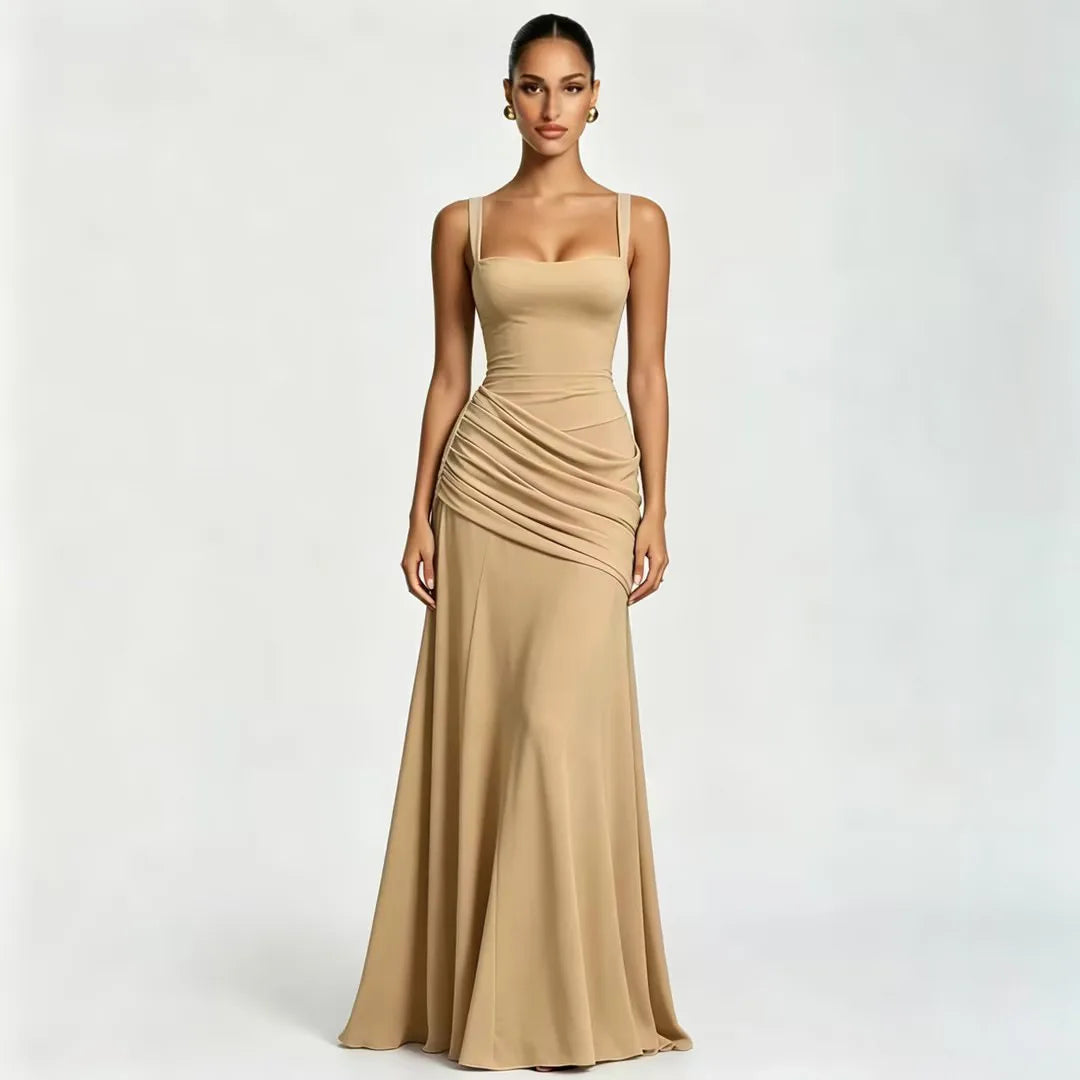 Chaxiaoa Backless Sexy Maxi Dresses Women Elegant Wide Strap Sleeveless Bodycon Ruched Party Evening Long Burgundy Dress Female