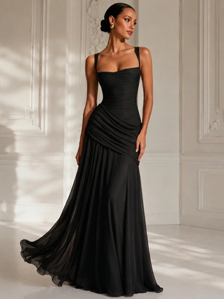 Chaxiaoa Backless Sexy Maxi Dresses Women Elegant Wide Strap Sleeveless Bodycon Ruched Party Evening Long Burgundy Dress Female