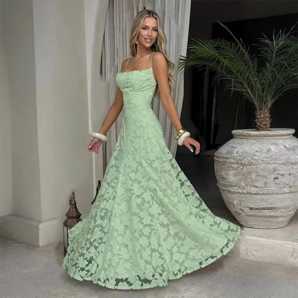 Jacquard Chiffon Long Dress Women's Backless Bandage Dresses Summer Evening Wedding Guest Green White Burgundy Pink Graduation