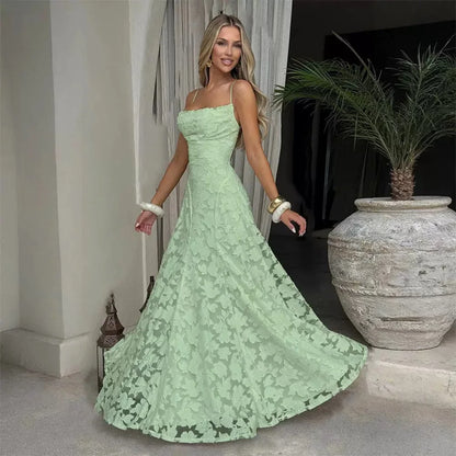 Jacquard Chiffon Long Dress Women's Backless Bandage Dresses Summer Evening Wedding Guest Green White Burgundy Pink Graduation