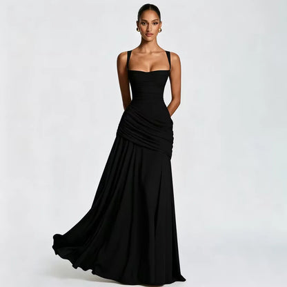 Chaxiaoa Backless Sexy Maxi Dresses Women Elegant Wide Strap Sleeveless Bodycon Ruched Party Evening Long Burgundy Dress Female