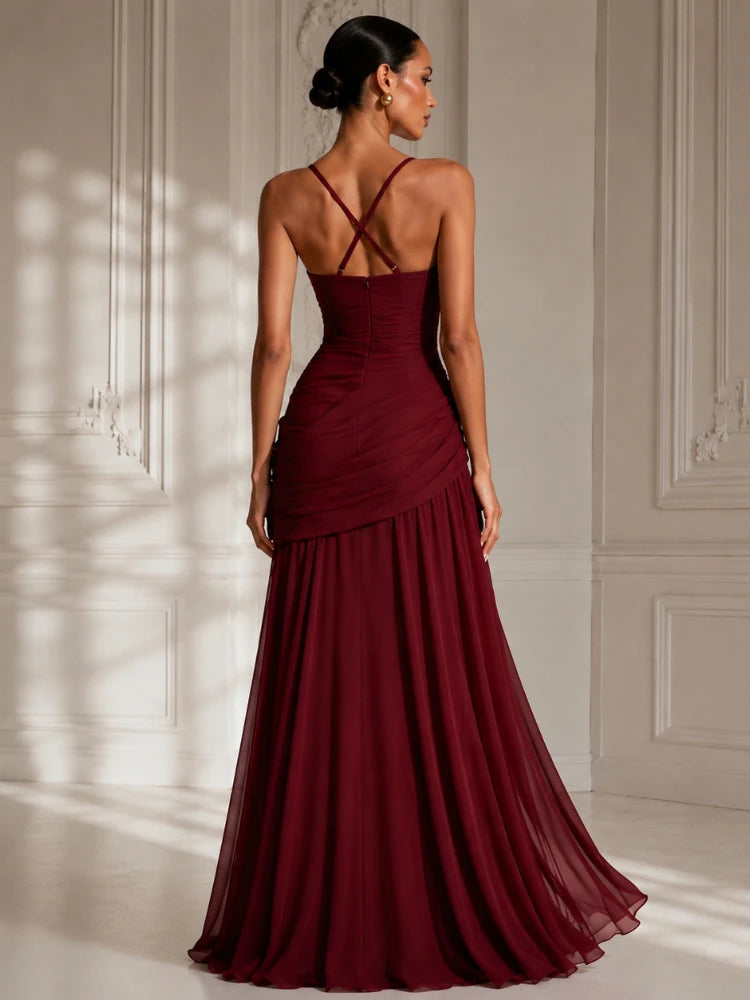 Chaxiaoa Backless Sexy Maxi Dresses Women Elegant Wide Strap Sleeveless Bodycon Ruched Party Evening Long Burgundy Dress Female