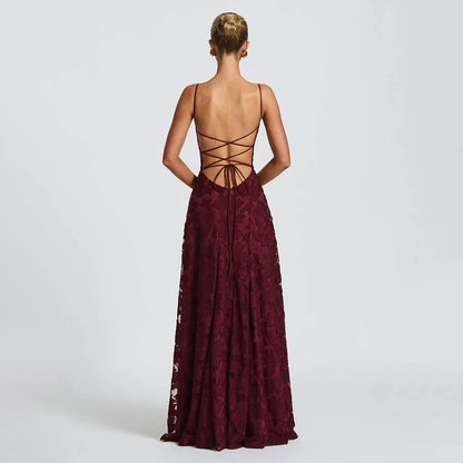 Jacquard Chiffon Long Dress Women's Backless Bandage Dresses Summer Evening Wedding Guest Green White Burgundy Pink Graduation