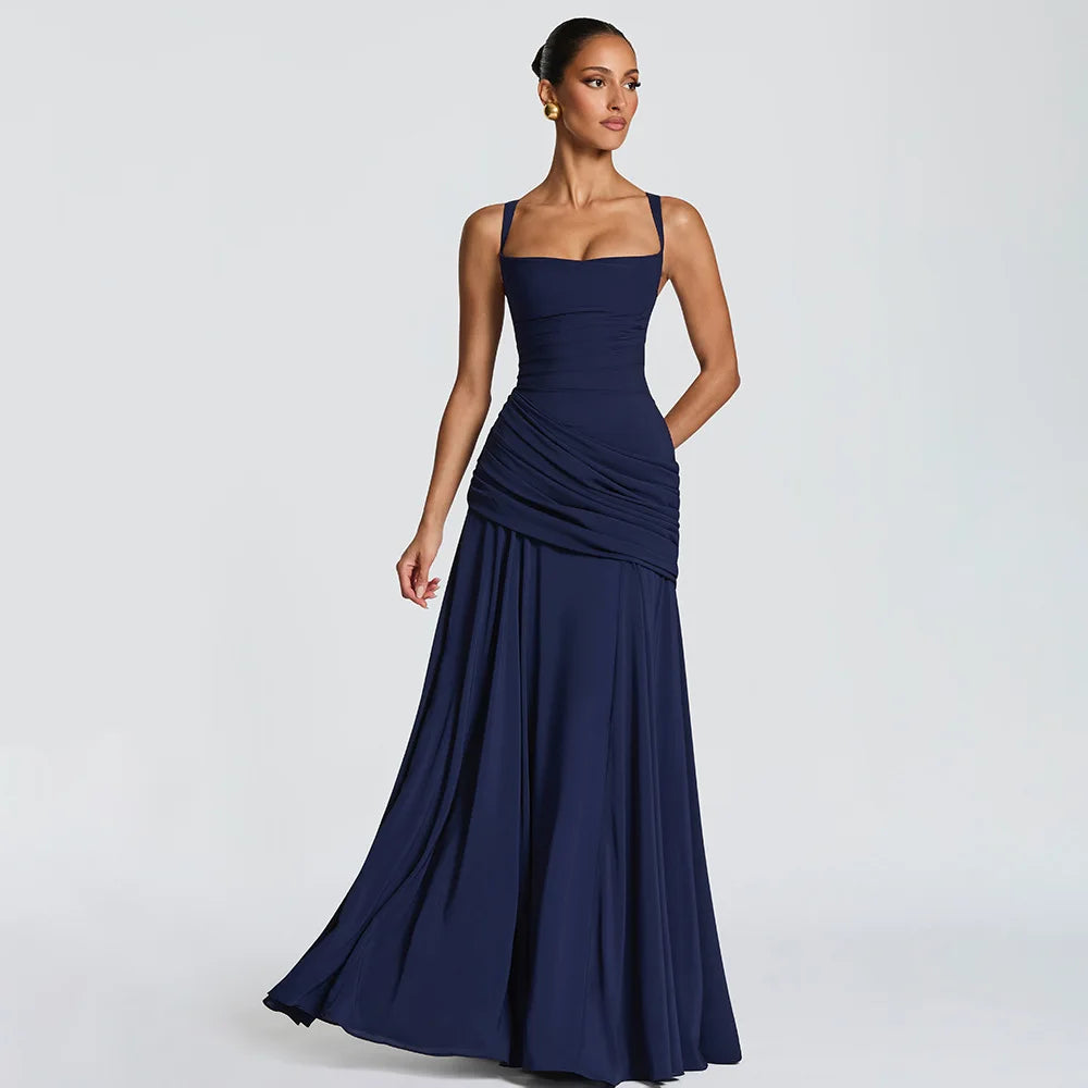 Chaxiaoa Backless Sexy Maxi Dresses Women Elegant Wide Strap Sleeveless Bodycon Ruched Party Evening Long Burgundy Dress Female