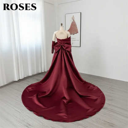 ROSES Burgundy Stain Mermaid Prom Dresses with Bow Shining Beading On Sleeve Evening Dress One Shoulder Sweetheart فساتين الحف