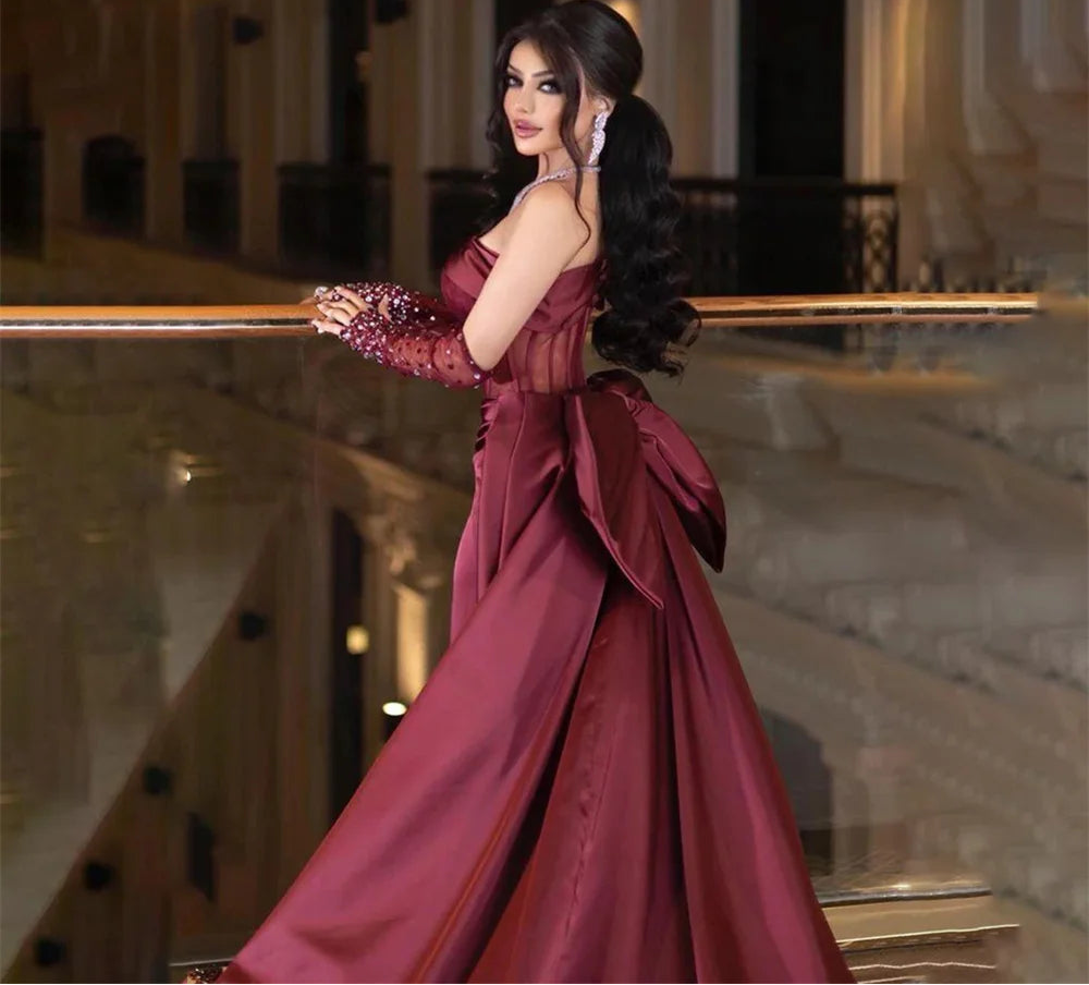 ROSES Burgundy Stain Mermaid Prom Dresses with Bow Shining Beading On Sleeve Evening Dress One Shoulder Sweetheart فساتين الحف